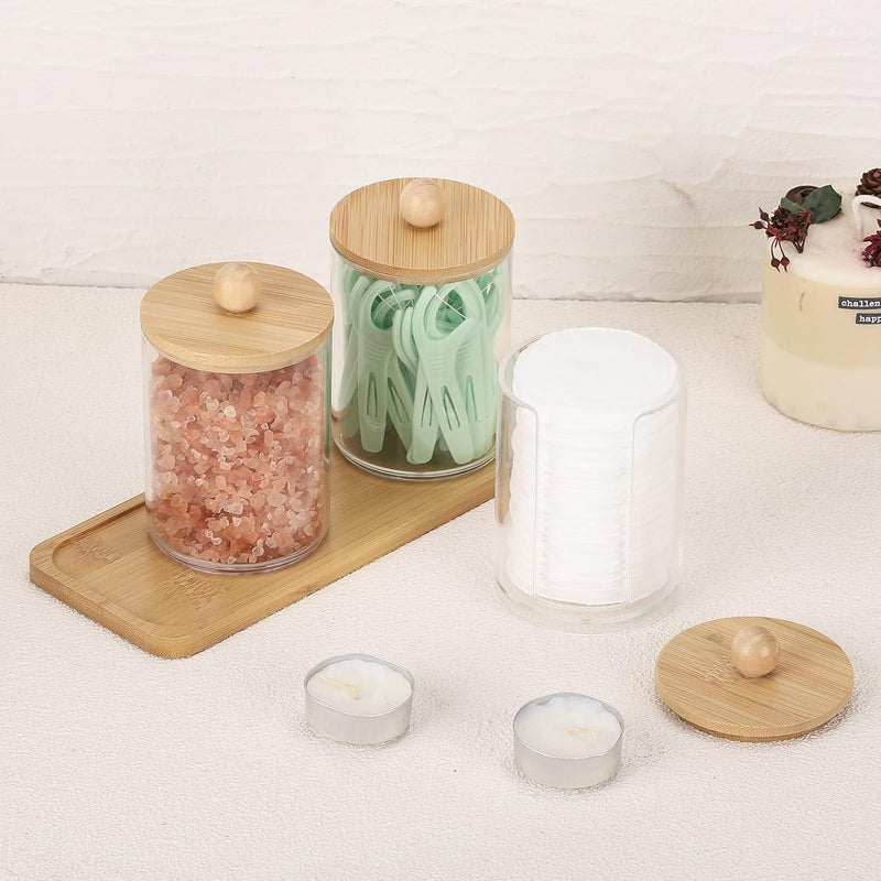 Tbestmax 10 oz Qtip Holder with Vanity Tray, 3 Pack Cotton Swab/Ball/Pad Dispenser Apothecary Jar, Clear Bathroom Containers Dispenser for Storage Bamboo Lids - Image 5